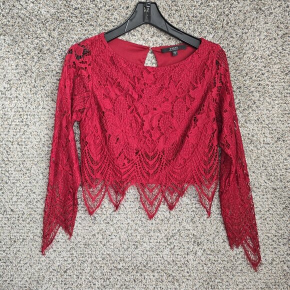 Guess‎ Top Womens Medium Burgundy Crop Lace Lined Keyhole Button Blouse Ladies - Picture 1 of 7